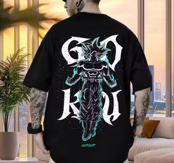 GOKU Anime Oversize Black Cotton Tshirt Round Neck T Shirt for Boys and Girls
